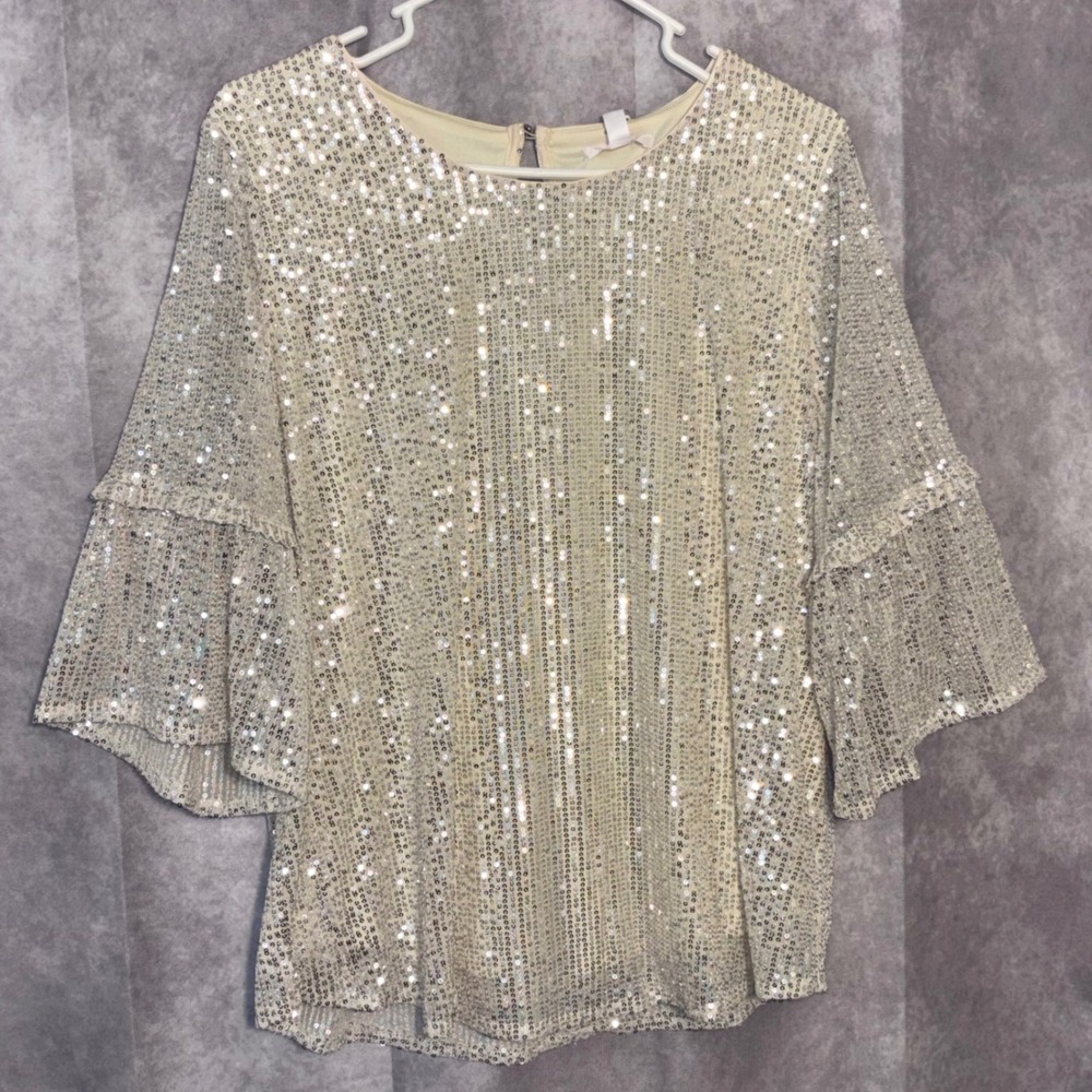 NWT LC Lauren Conrad Sequin Bell Sleeve Blouse Womens Large Champagne Glam